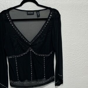 New York & Company Black Sheer Embellished Blouse